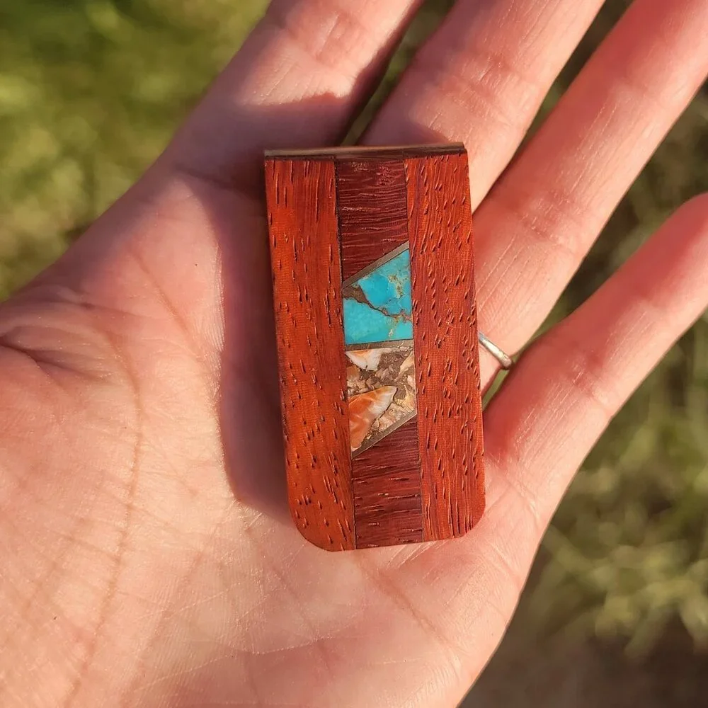 Handmade Southwestern copper turquoise, copper spiny oyster, rosewood money clip